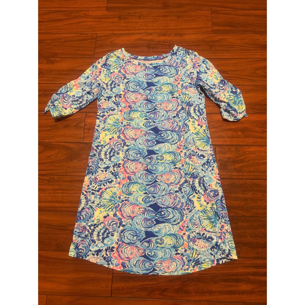 Lilly Pulitzer Hollee Dress Blue Pink Oyster Shell Pima  Tie Sleeve S